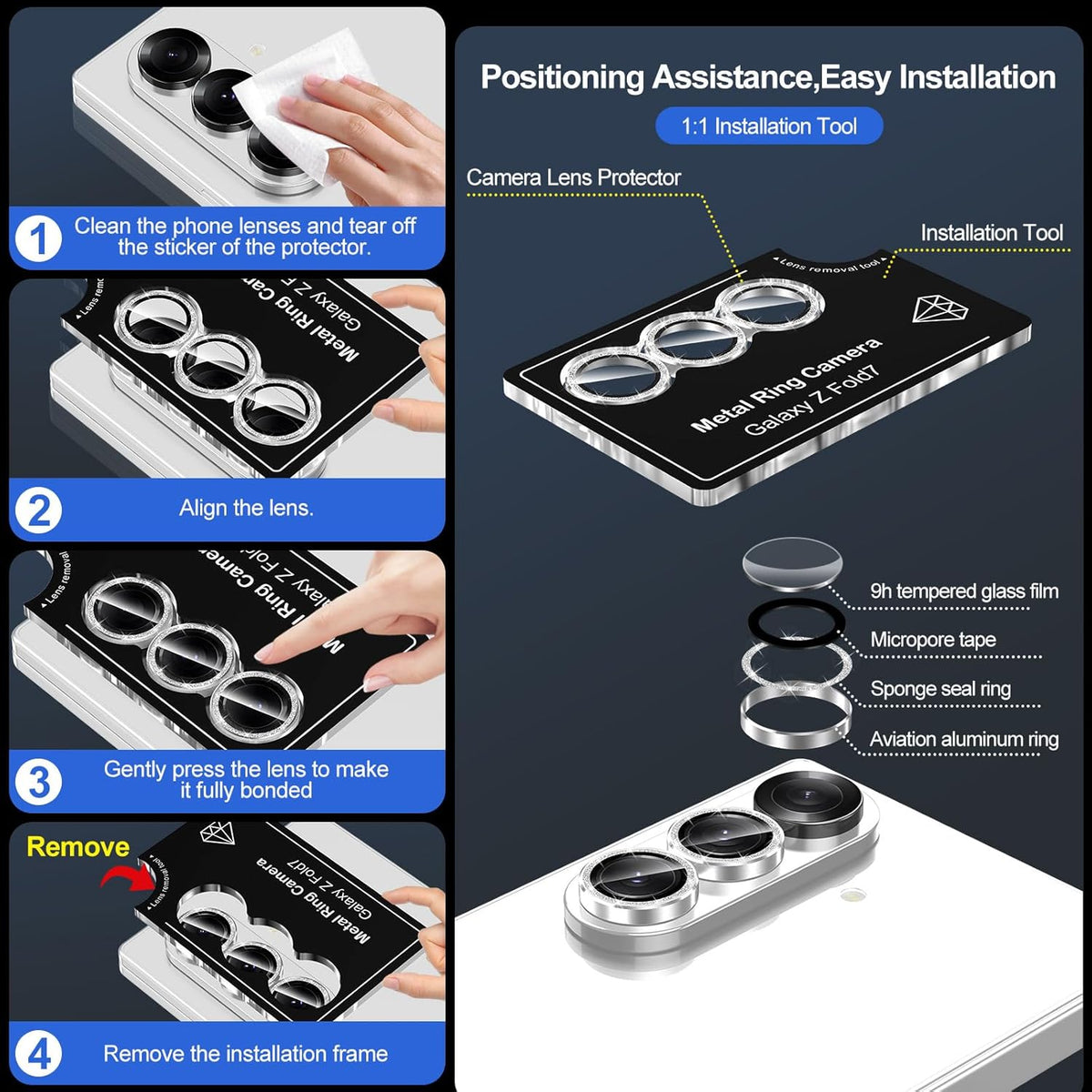 for Samsung Galaxy Z Fold 7 Camera Lens Protector, Individual Metal Ring Tempered Glass Lens Cover, [Strong Adsorption] Scratch Resistant Ultra-Thin HD Clear Lens Cover, 1 Set-Silvery Sparkly
