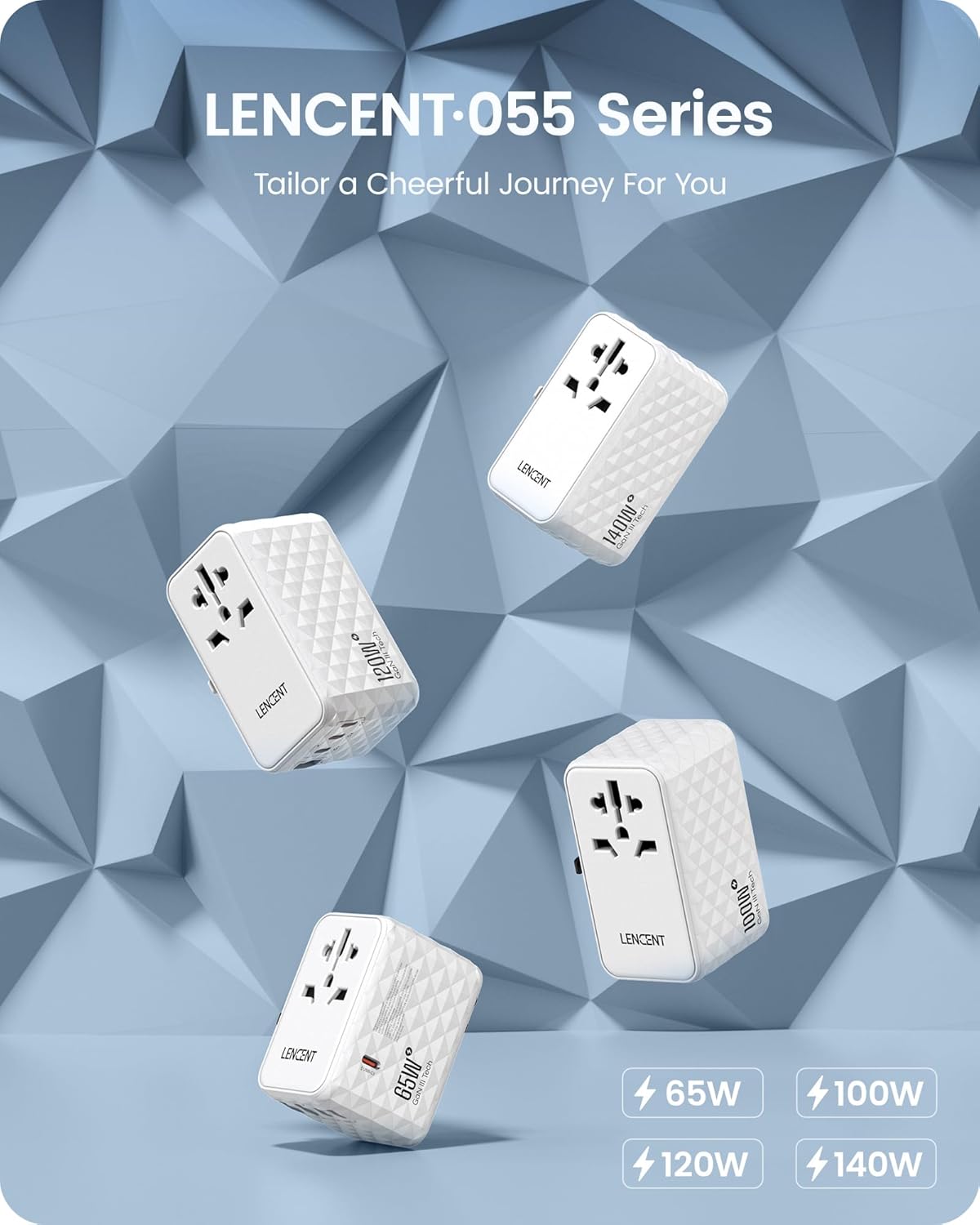 LENCENT 65W International Travel Adapter, Universal Travel Adapter with 2 QC USB-A & 3 PD3.0 Type C Power Outlet, Fast Charging for Phone,Laptops, All-in-One Outlet Converter for USA/UK/EU/AUS, White