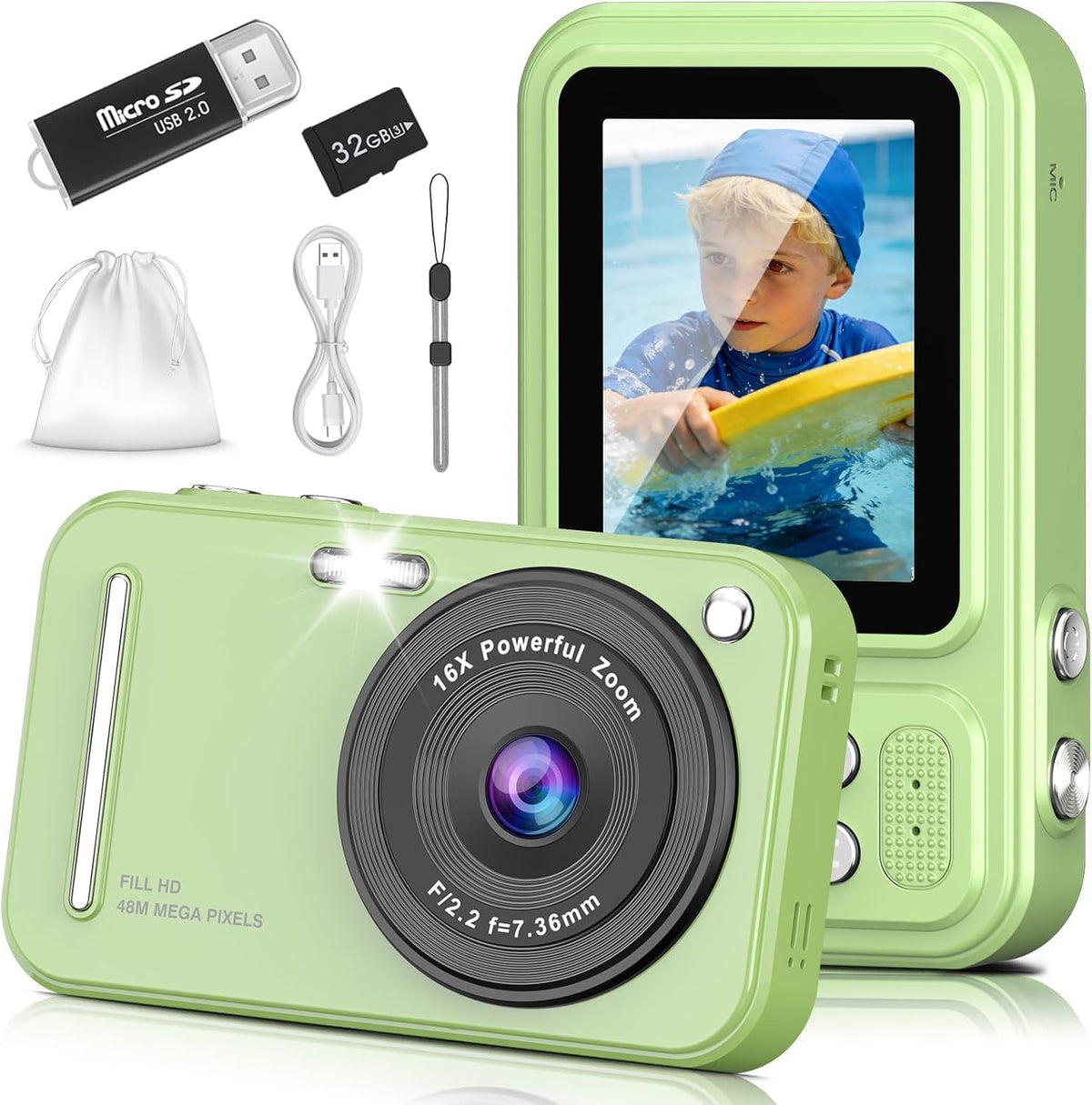 HILDCROA 48MP 1080P 16X Digital Camera for Kids, FHD Point and Shoot Digital Cameras with Zoom Anti-Shake, Compact