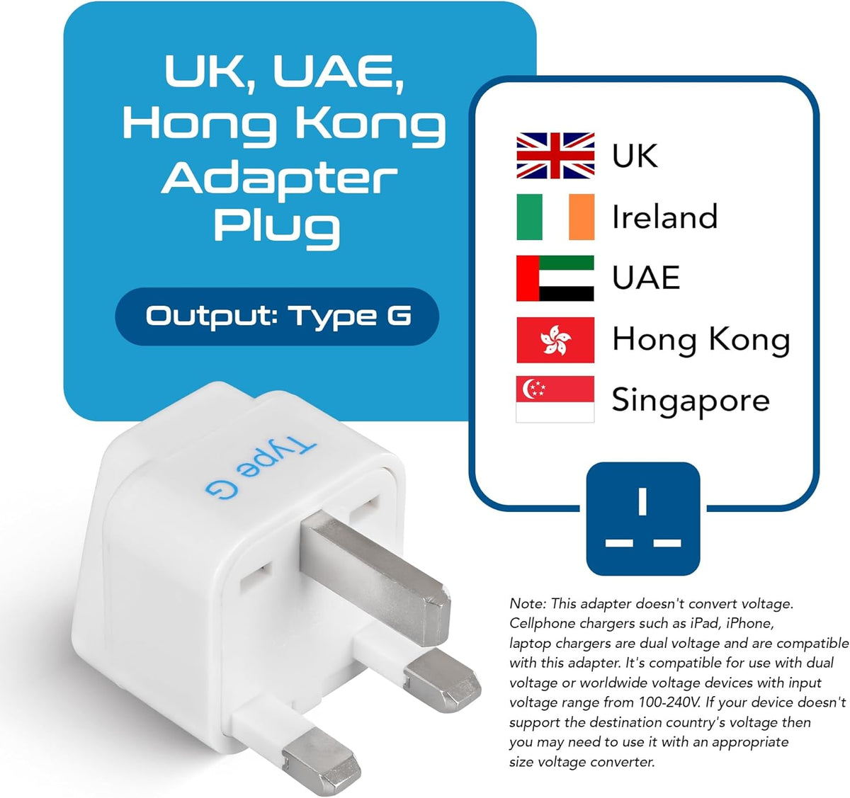 Ceptics UK, Hong Kong, Ireland, UAE Travel Plug Adapter (Type G) - 3 Pack [Grounded & Universal] (GP-7-3PK), White, Standard