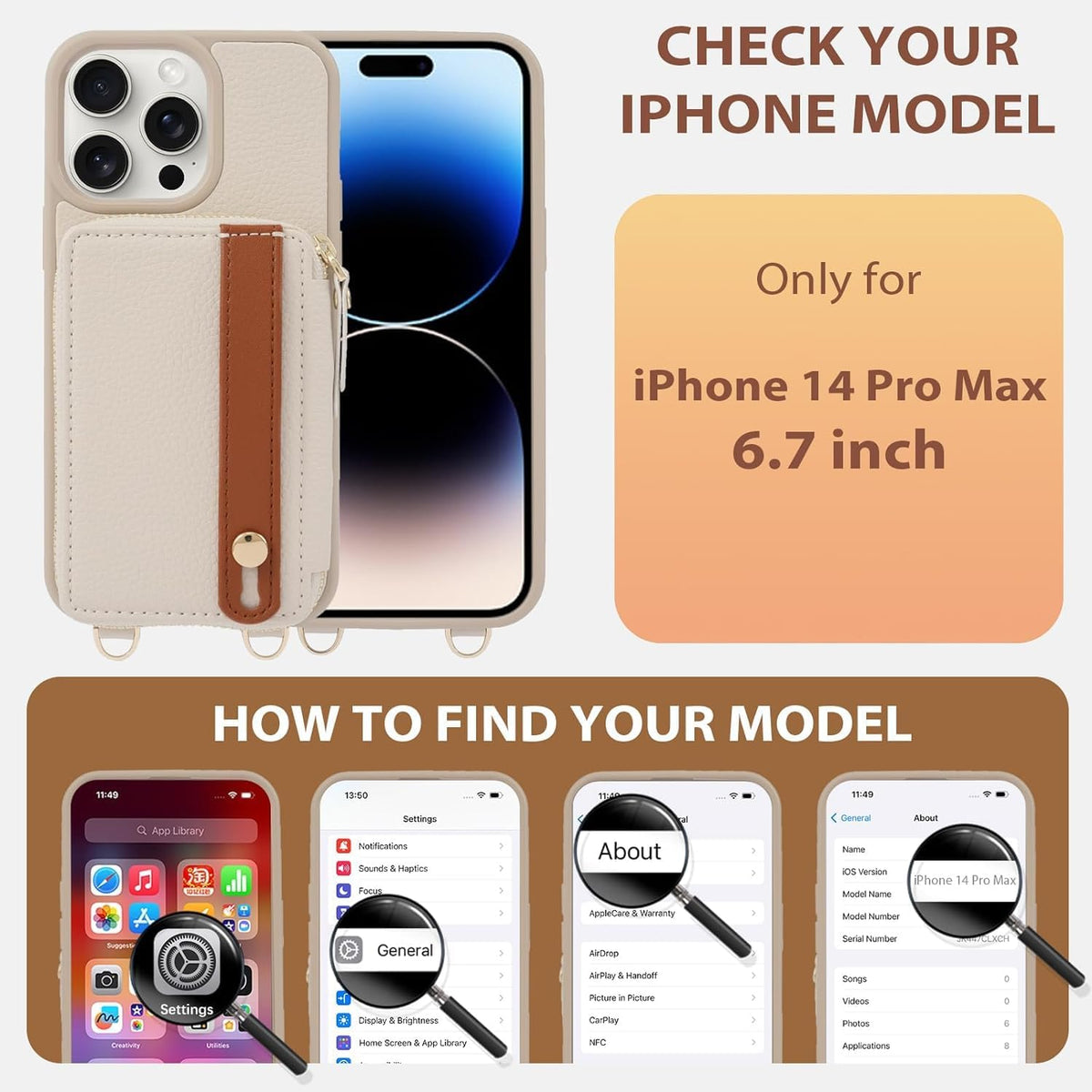 LAMEEKU for iPhone 14 Pro Max Wallet Case with Card Holder, Zipper Leather Crossbody Case with Kickstand Lanyard for Women, Cover with Phone Grip Holder Stand for Apple iPhone 14 Pro Max 6.7" Beige
