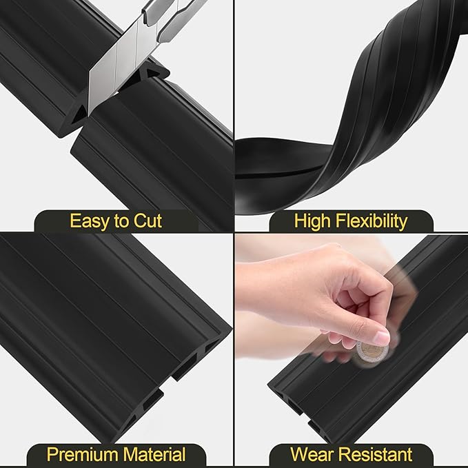 MYFAMIREA 6.5FT Floor Cord Cover Heavy Duty Cable Cover Protector 3 Channels Extension PVC Floor Wire Cover Outdoor Cord Hider Management Cord Cover for Wire on Floor for Home Office Outdoor, Black