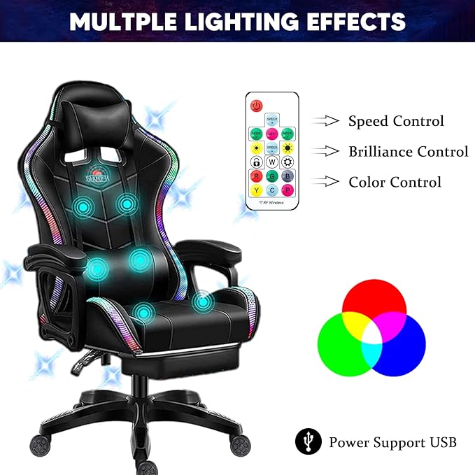 RGB Computer Chair with Footrest Massage Gaming Chair with Speakers Music Video Game Chair with Lumbar Pillow Support and Headrest High Back Gamer Chair Office Chair for Office or GamingWhite