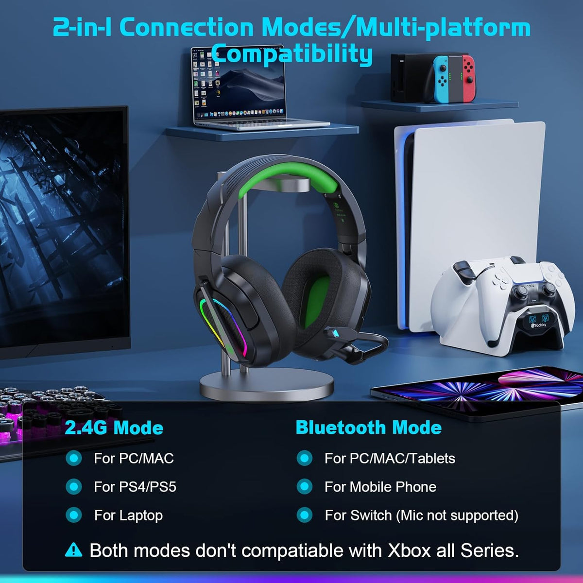 FC200 Wireless Gaming Headset for PS5, PS4-2.4GHz USB Foldable Headphones with Mic - 3D Stereo Bluetooth Headset with 50Hrs Battery Life, for Switch, PC, Mac, Mobile