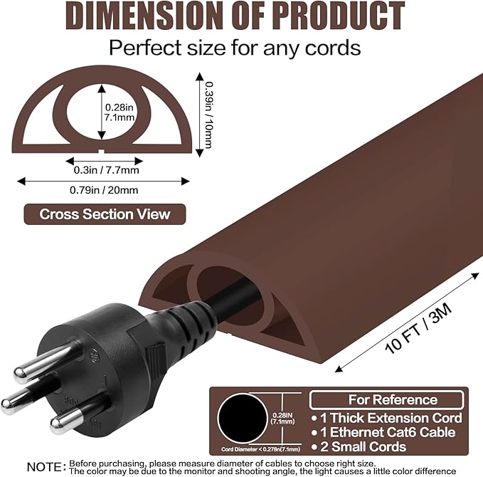 Floor Cord Cover Self Adhesive Cord Hider,10FT Cable Management, Extension Strip Protector for Wires, Prevent Cable Trips for Offices, Gyms, Exhibitions Cavity:0.3"(W) x 0.28"(H) Coffee