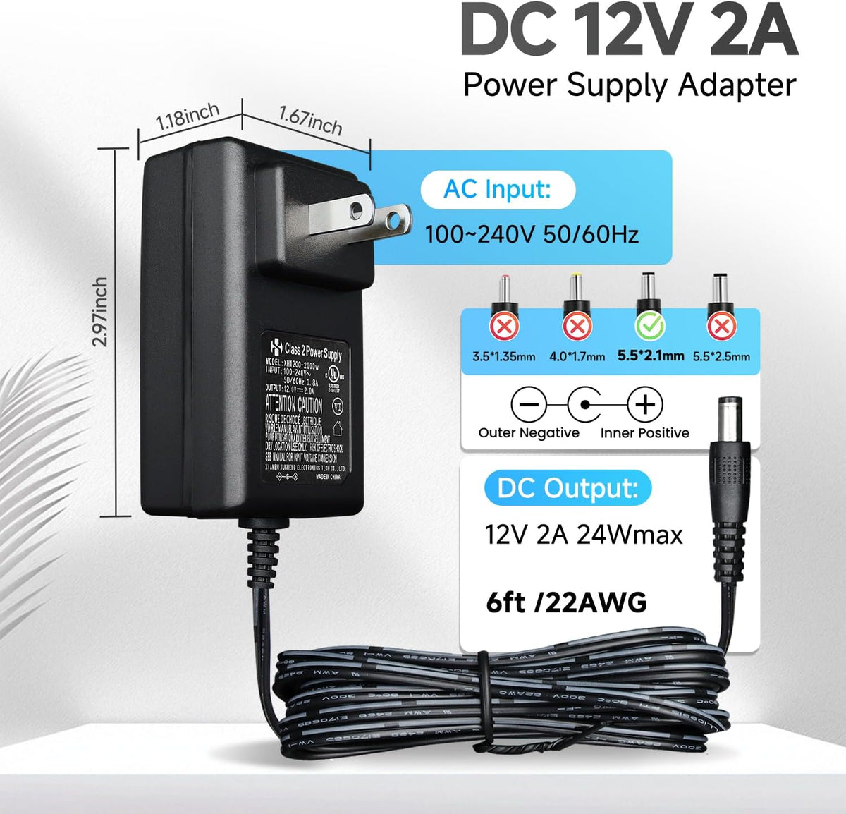 ANLINK 100-240V 12V 2A (2000mA) 4-Way (6ft) Power Adapter AC to DC & Power Splitter Cable for CCTV Security