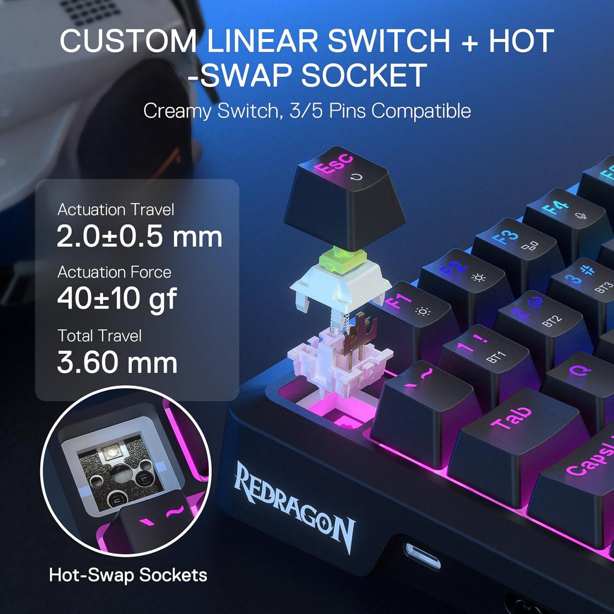 Redragon K724 PRO Wireless Gasket Gaming Keyboard w/Hype Screen & Knob, 81-Key Mechanical Keyboard, Easy-Control 1.14’’ TFT Info Display, 5-Layer Noise Dampening, Custom Linear Switch