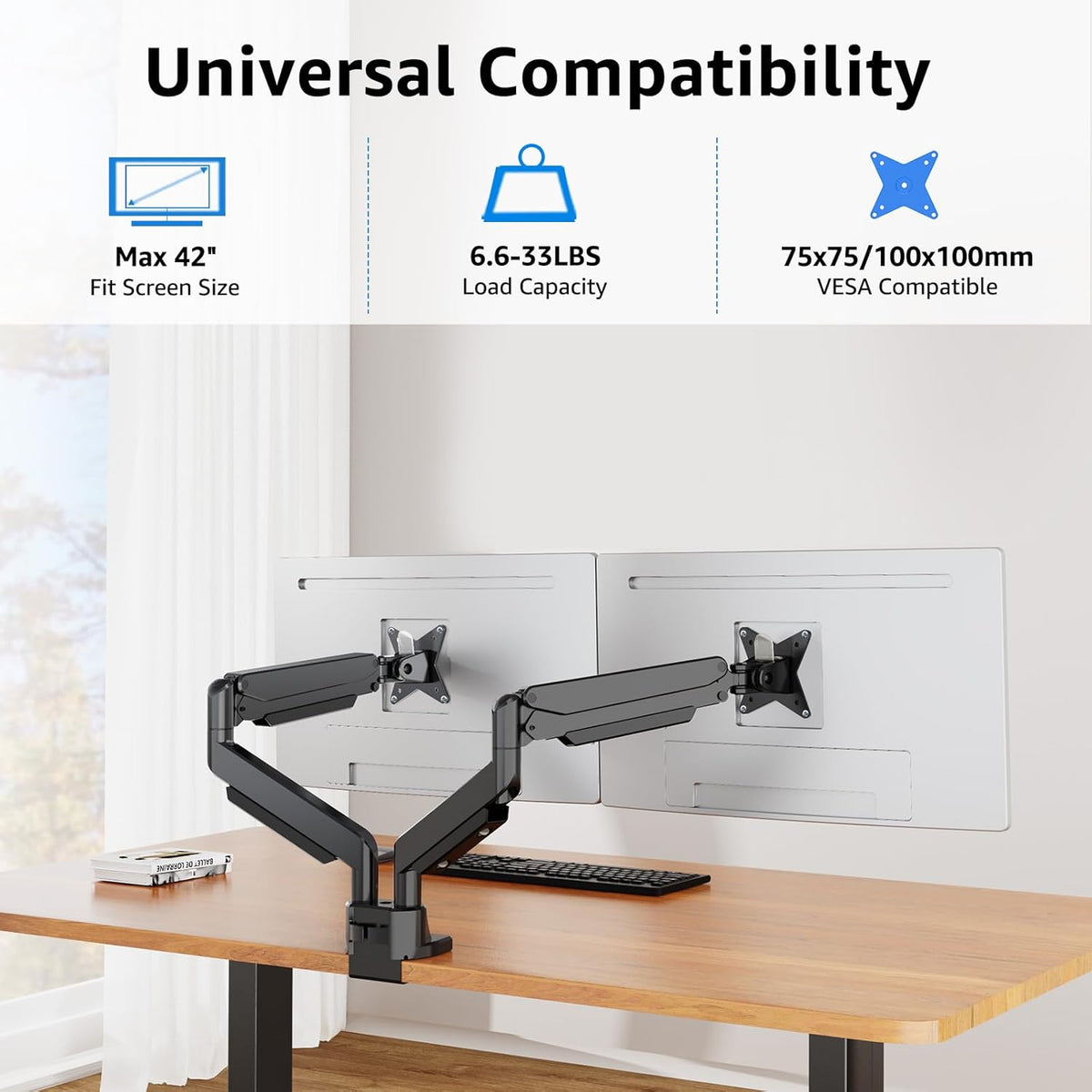 MOUNTUP Dual Monitor Mount fits 22''-42'' Ultrawide Screen, Holds 6.6-33lbs, Dual Monitor Arm Desk Mount, Heavy Duty Gas Spring Monitor Stand for 2 Monitors, Vesa Mount with Clamp/Grommet Base