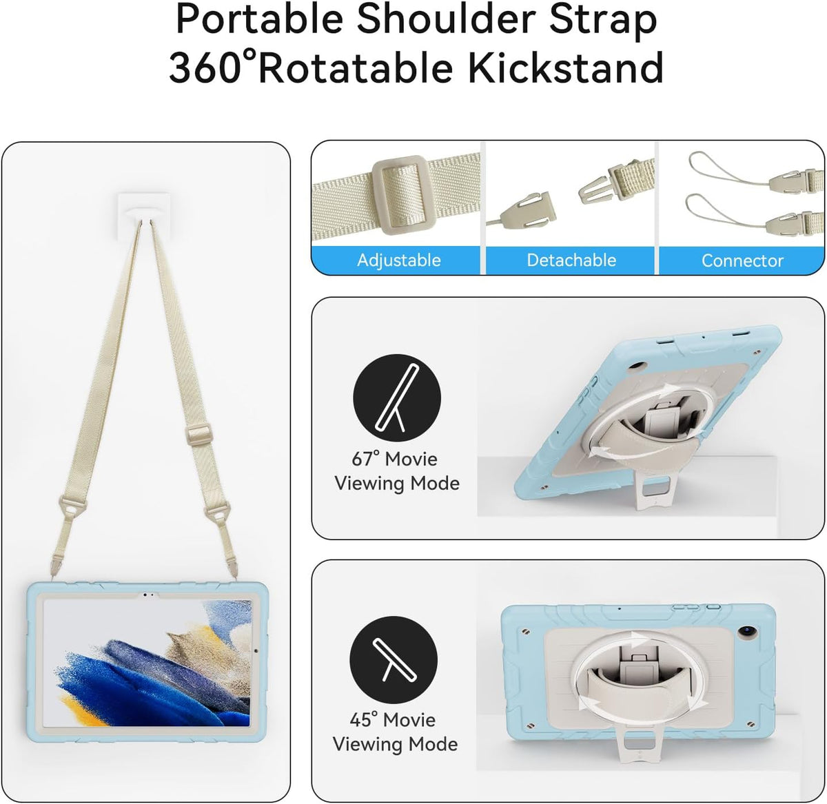 for Samsung Galaxy Tablet A8 Case 10.5 inch 2022 SM-X200/X205/X207 with Screen Protector [360 Rotating Stand] &Hand Shoulder Strap Shockproof Rugged Protective Cover|Blue&Beige