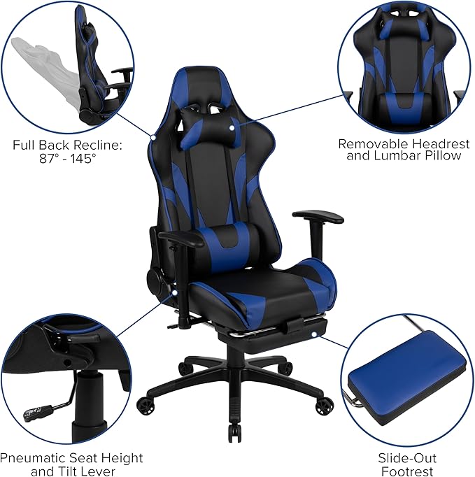 BizChair Black Gaming Desk with Cup Holder/Headphone Hook and Monitor/Smartphone Stand &amp Blue Reclining Gaming Chair with Footrest