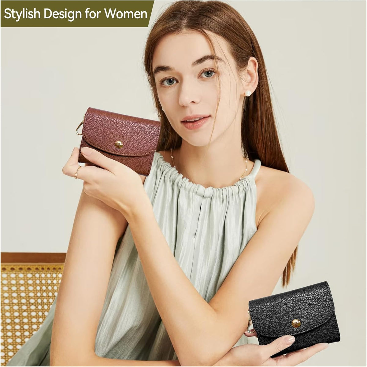 Clip and Go Strap for Phone with Wallet Metal Gold Chain Crossbody Phone Lanyard for Women Adjustable Detachable Wristlet Charm Small Purse Leather Card Holder Zipper with iPhone Stand 2 Patches Brown