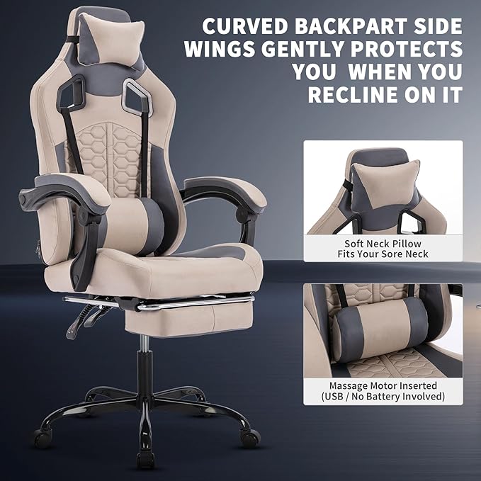 Grey 360° Swivel Gaming Chair Ergonomic Heavy Duty 330lbs Office Chair with Footrest and Massage Lumbar Support Height Adjustable High Back Reclining Gamer Chair with Headrest (Grey)