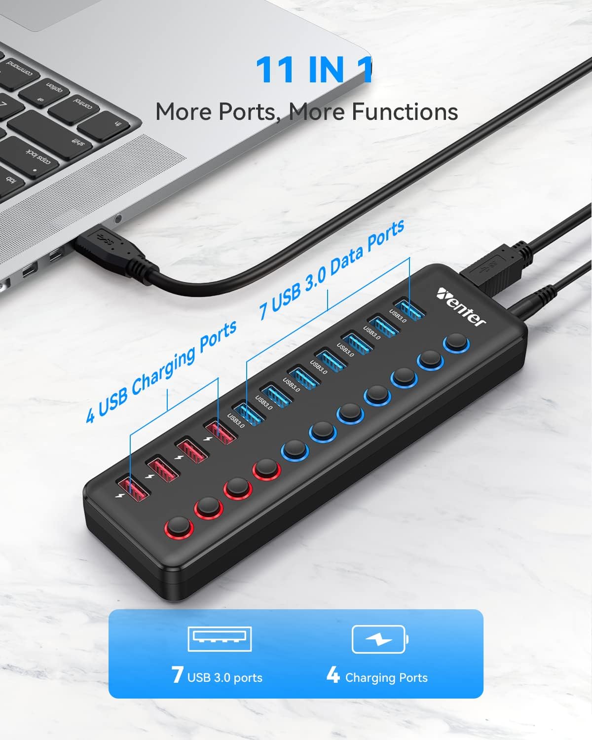 Powered USB 3.0 Hub, Wenter 11-Port Hub Splitter (7 Faster Data Transfer Ports+ 4 Smart Charging Ports) with Individual LED On/Off Switches, Power Adapter for Mac, PC