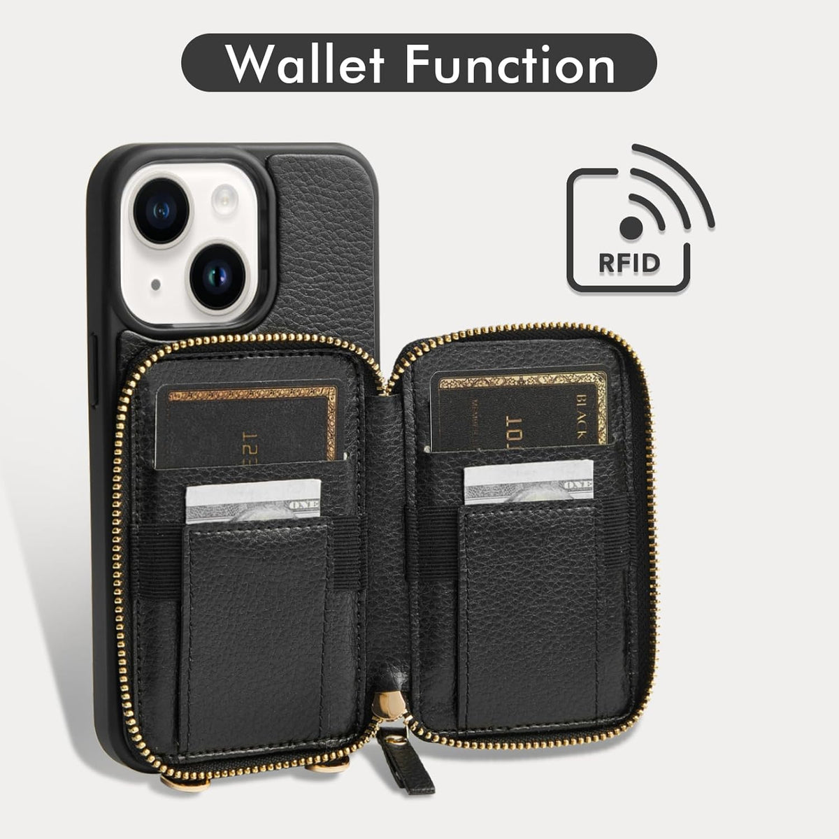 ZVE for iPhone 15 Wallet Case, Card Holder Crossbody Phone Purse for Women, Zipper Leather RFID Blocking Carrying Cover with Wrist Strap for iPhone 15 (6.1 inch)- Black