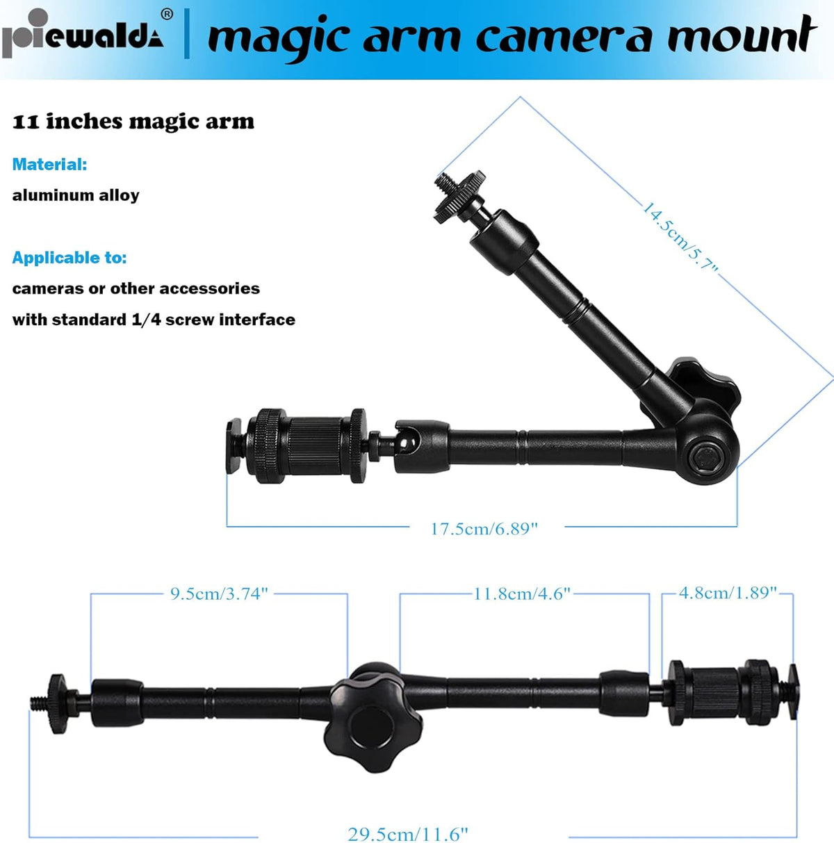 Magic arm Camera Mount ，articulating arm- 11 Inch Metal Adjustable Friction Articulated arm with Super Clamp/Phone Clip, for Various Action Camera/DSLR/LCD Monitor/LED Lights/Cell Phone