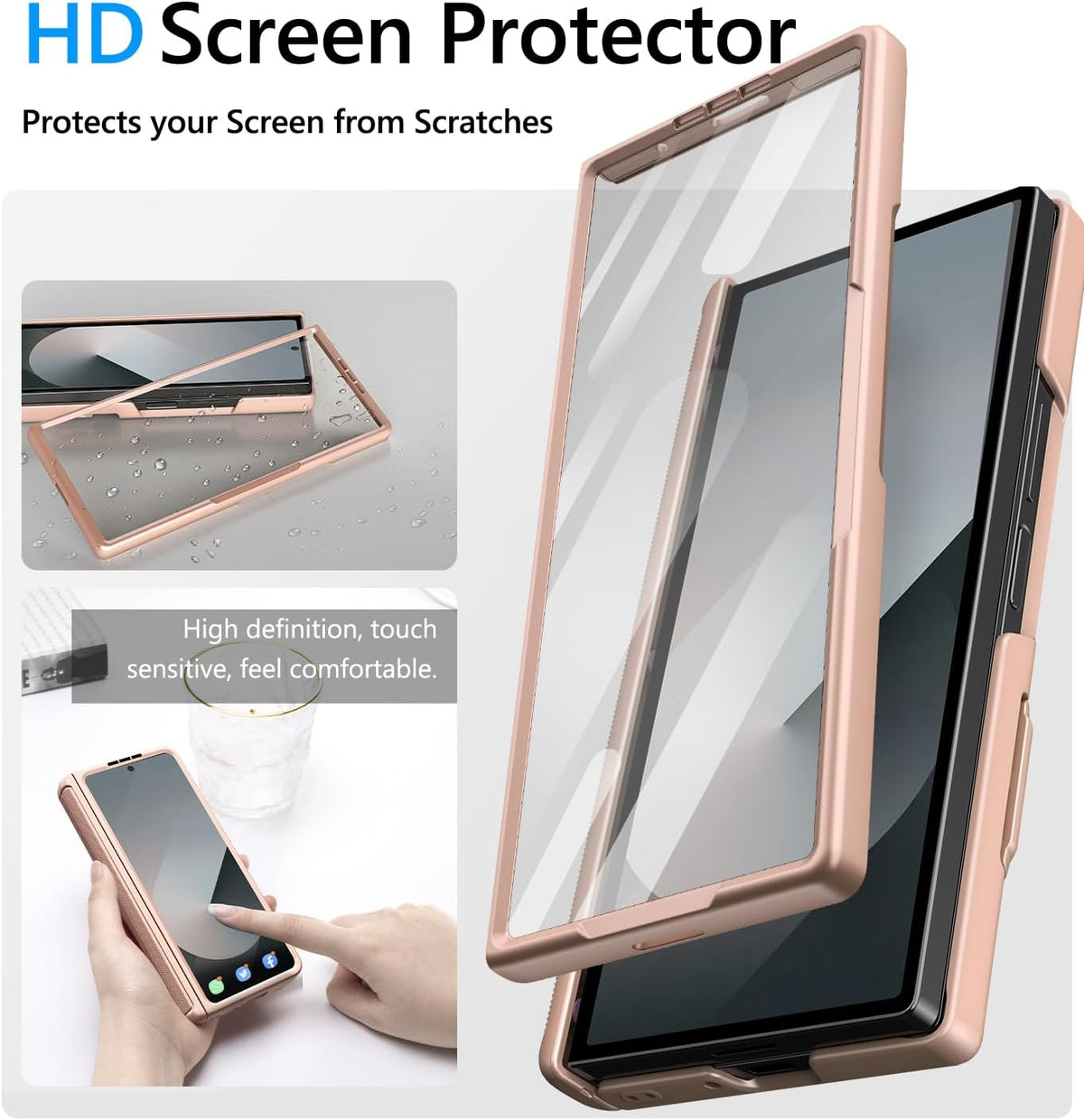 Vihibii for Samsung Galaxy Z Fold 6 Case with Card Holder & Slide Camera Cover & Screen Protector & Hinge Protection, Full Cover Shockproof Wallet Phone Case for Samsung Galaxy Z Fold 6, Rose Gold