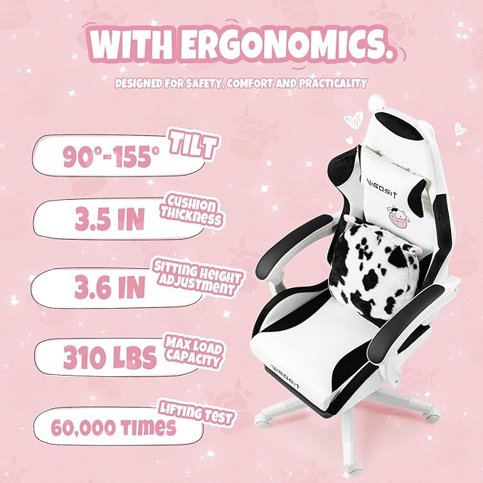 Cute Cat Gaming Chair with Paw Lumbar Cushion PC Video Gamer Chair for Girl Teen Woman (Black White)
