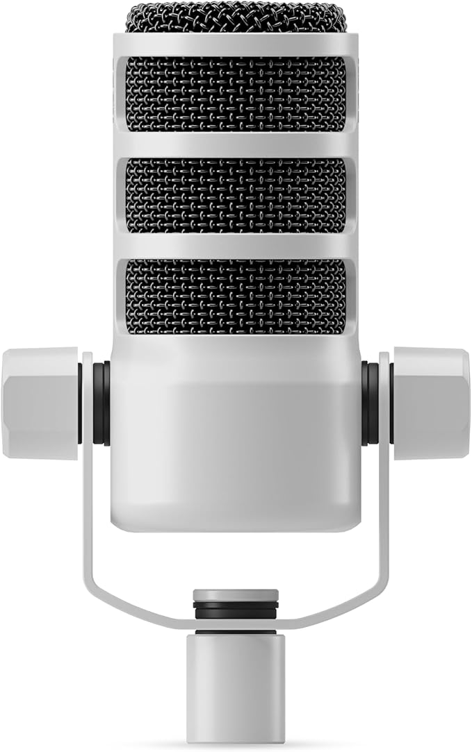 Rode PodMic White (Pair) Cardioid Dynamic Broadcast Microphones with 2X On-Stage MS7701B Boom Microphone Stands and 2X XLR Cables