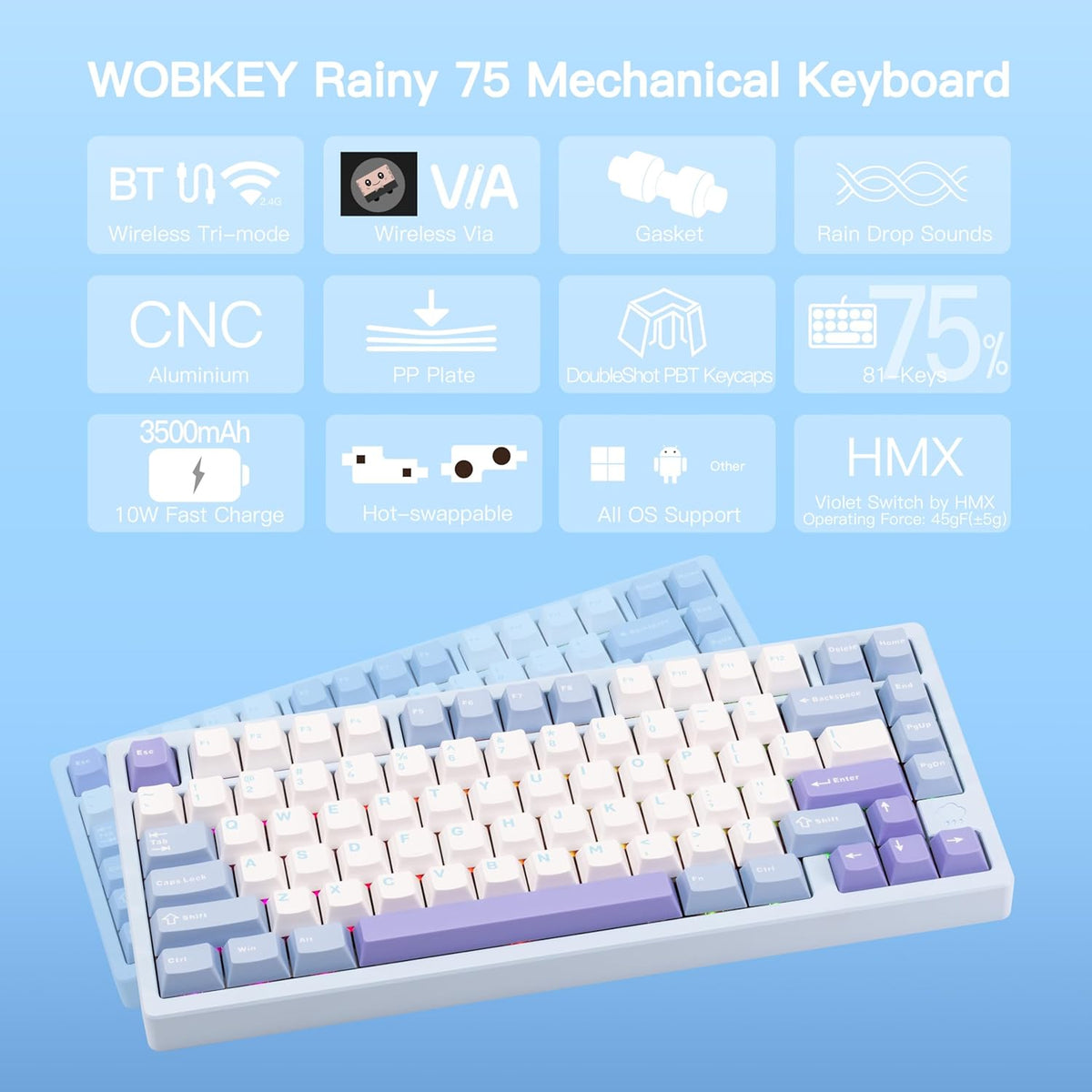 KEEBMONKEY WOBKEY Rainy 75 CNC Aluminum HMX/JWK/Cocoa Switches Triple-Mode Connectivity Mechanical Keyboard with Superior Acoustics, RGB/PP/Gradient Glass/3500mAh/Violet Switch (Standard - Blue)