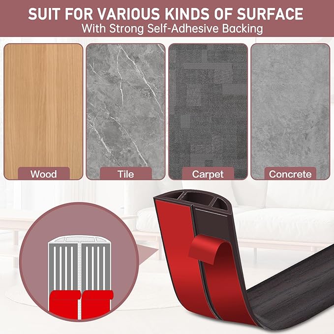 Floor Cord Cover Self Adhesive Cord Hider Floor Extension Cord Covers for Floor Power Cord Protector Cable Management Prevent Cable Trips Cable Cavity 0.59" W x 0.31" H (Dark Walnut, 3.3Ft)