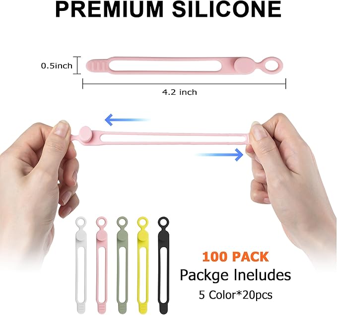 Nearockle 100Pcs Silicone Cable Ties Cord Organizer for Bundling Earphone, Phone Charger, Computer Cords, Reusable Cable Ties Wire Organizer in Home,Office,Kitchen,School (5 Colors)