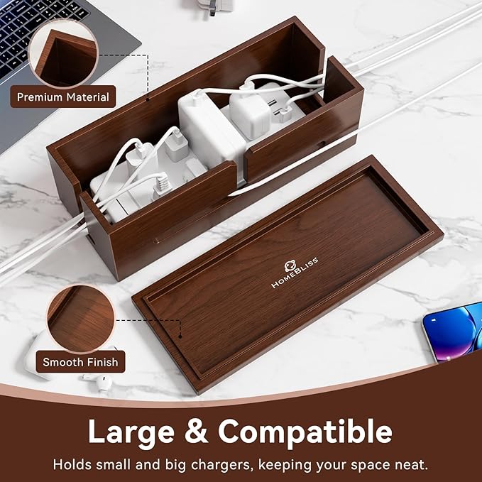 HomeBliss Large Cable Management Box-Stylish Wire Organizer, Wire Concealer and Wire Management Box-Wire Management Box with Protective Sleeve (Brown)