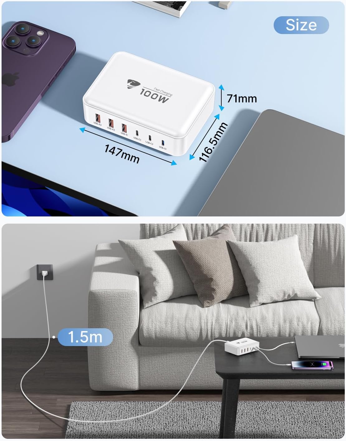 USB C Fast Charger, 100W GaN 6 Port USB C Fast Charging Station Hub Block Cube, QC USB A and PD USB c Wall Charger Power Multiple USB Charger Plug for iPhone 16 15 14 13 12 Pro Max, MacBook, Samsung