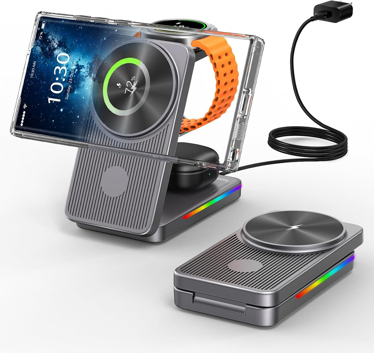 3 in 1 Magnetic Wireless Charger for Samsung, Foldable MagSafe Wireless Charging Station for Samsung Galaxy S25Ultra/Z Fold7/Flip7/S24, Watch Charger for Galaxy Watch 8/Ultra/7/6/5/4/Buds (Grey)