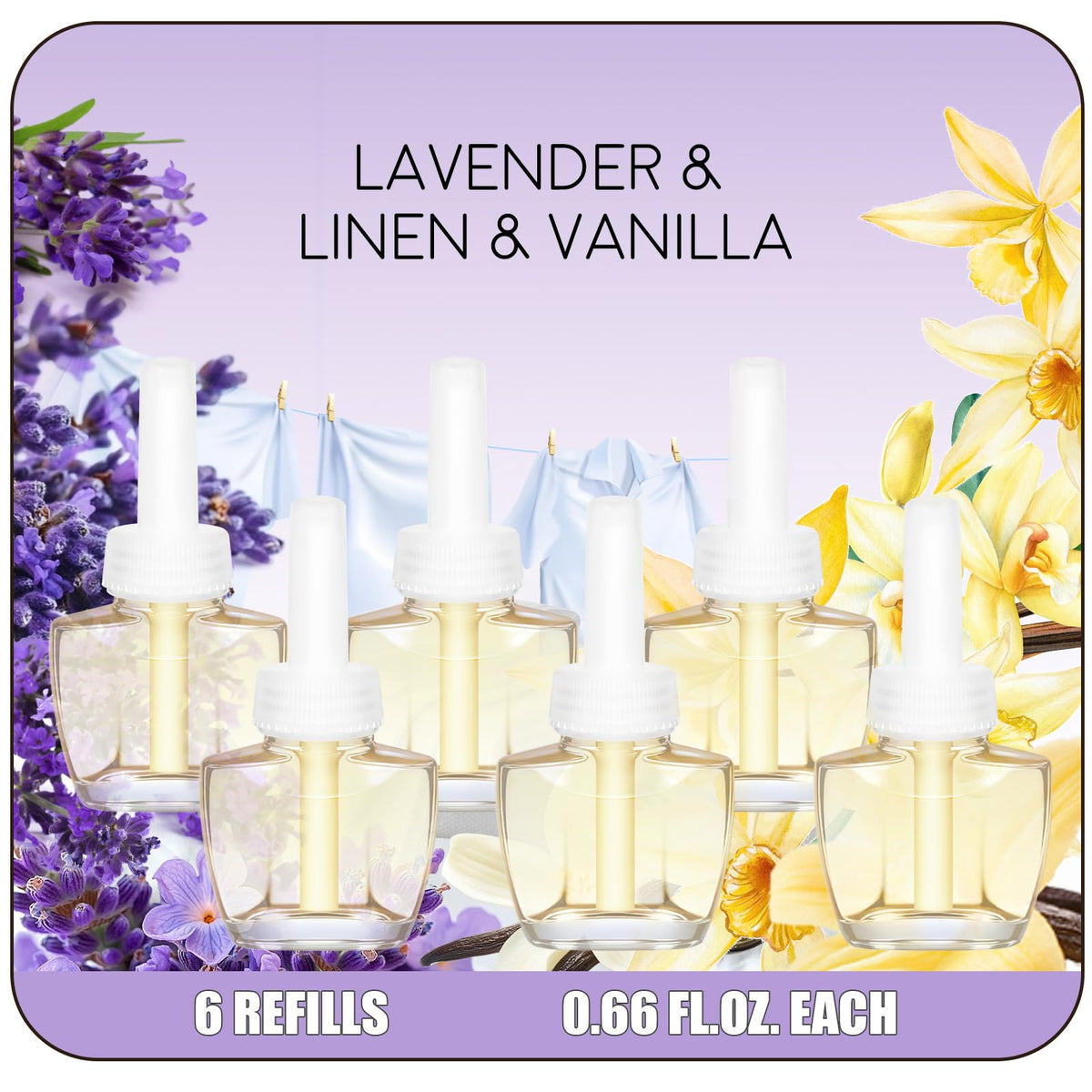 Plug in Air Freshener Refills, Wall Plug In Refill 6 Count, Lavender, Linen & Vanilla, Summer Scents, 3.96 Fl Oz, Air Fresheners