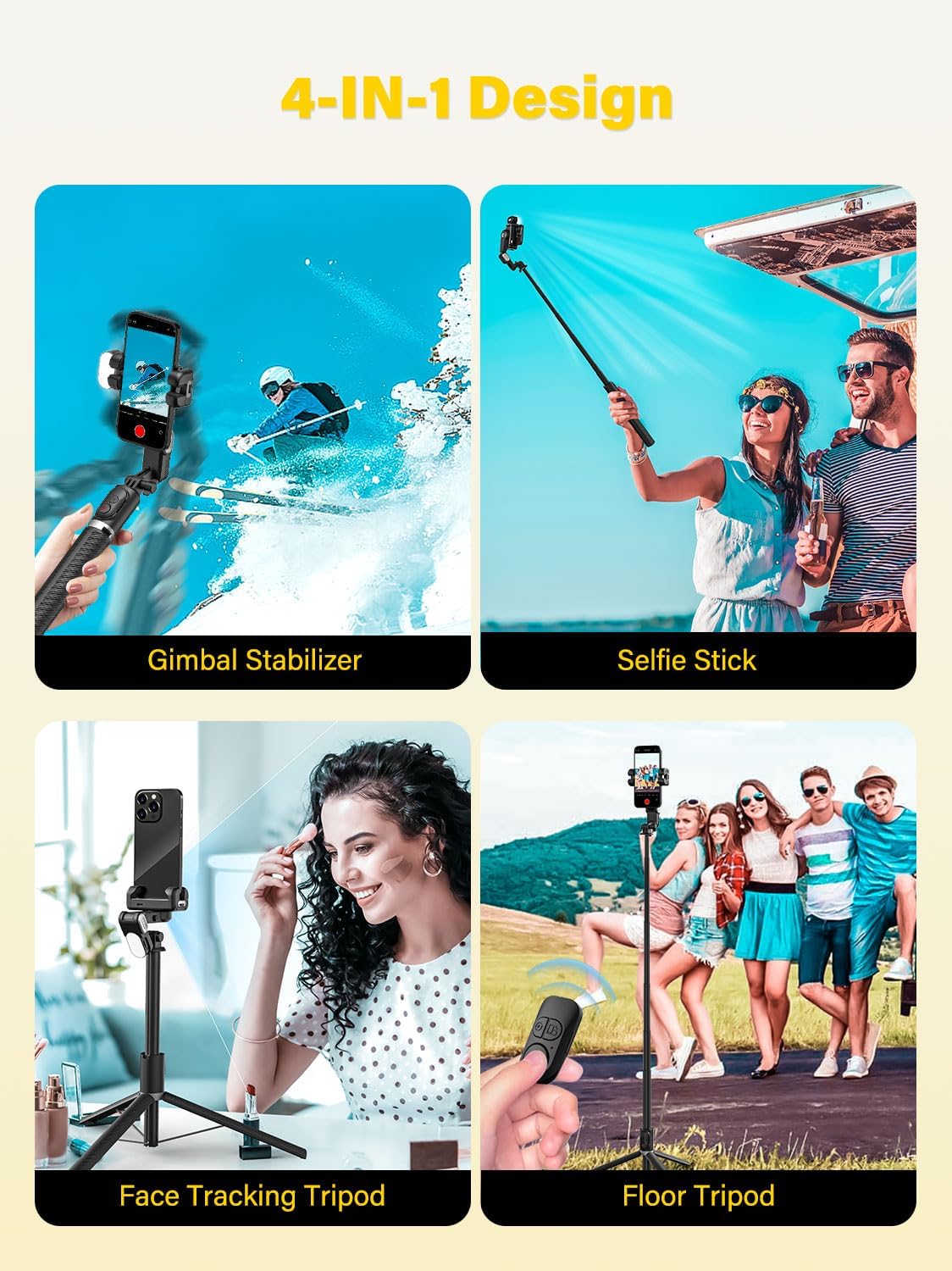 Gimbal Stabilizer for Smartphone,2-axis stabilizer Without APP face Tracking,4 in 1 Portable Phone Tripod,stabilizer for iPhone& Android,108CM Extension Rod,AOCHUAN M2PRO Black