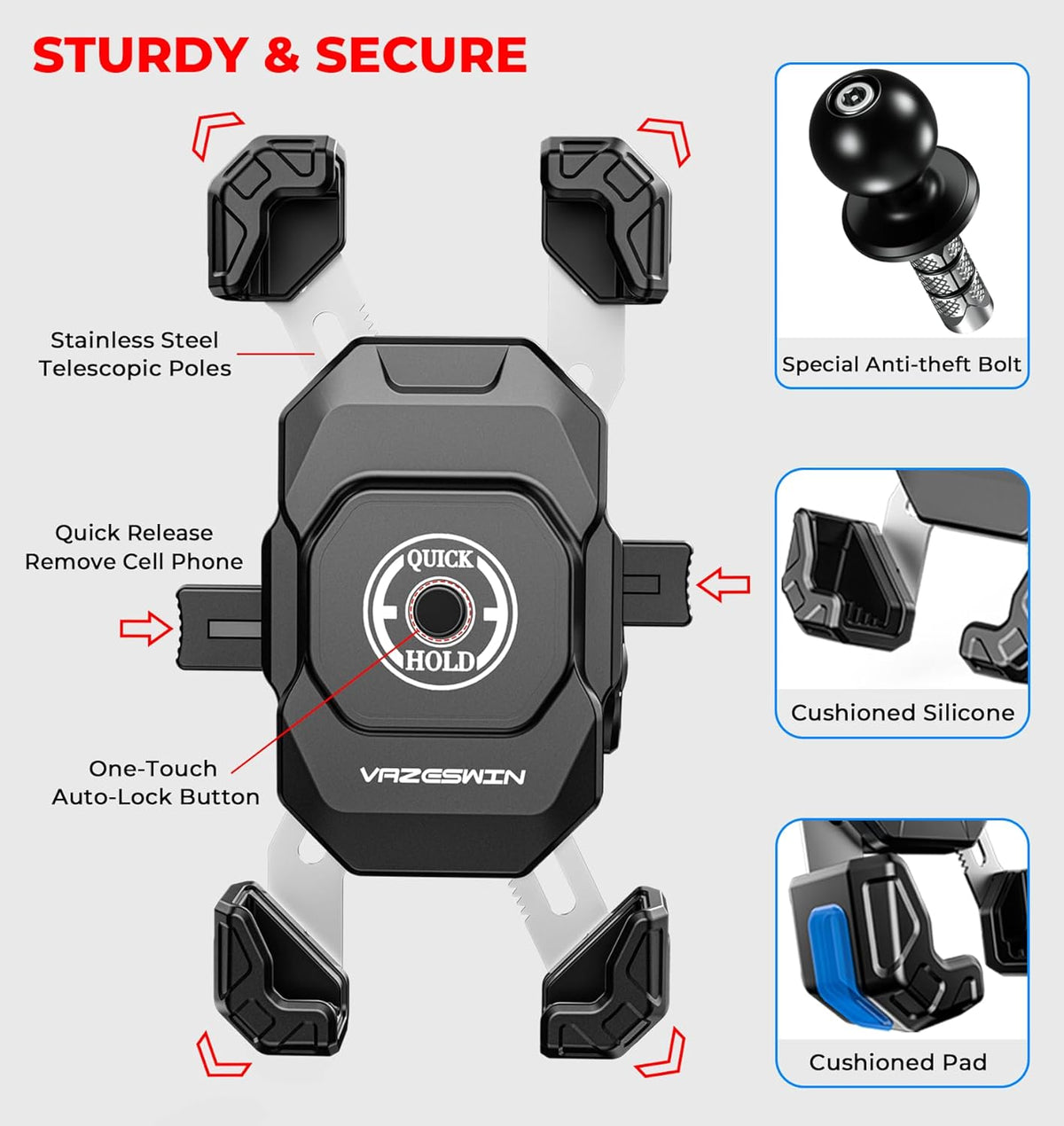 Motorcycle Fork Stem Phone Mount with Vibration Dampener, Motorcycle Cell Phone Holder with Aluminum Alloy Anti-Theft Short Arm, Fit 12mm to 25.4mm Diameter Stem Tubes, for 5.5"-7.2" Phones