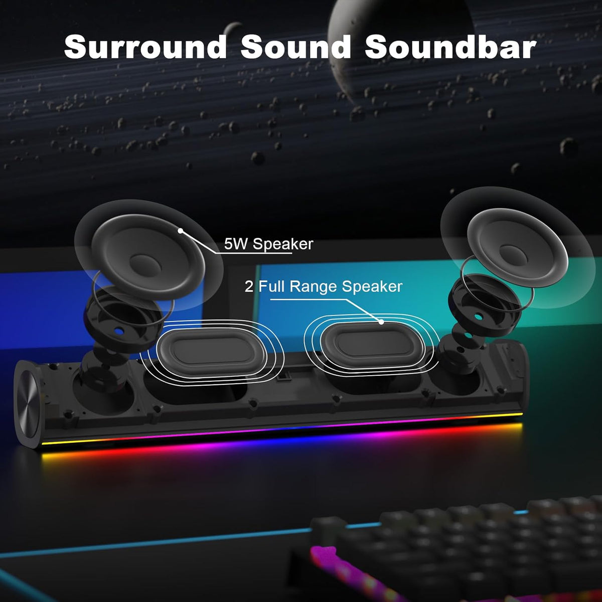 SOULION R100 Bluetooth Computer Speakers with Dynamic LED Light, USB Plug & Play PC Speakers with Switch Button, Clearly Sound Soundbar for Desktop Laptop Monitor(USB-C to USB Adapter Included)