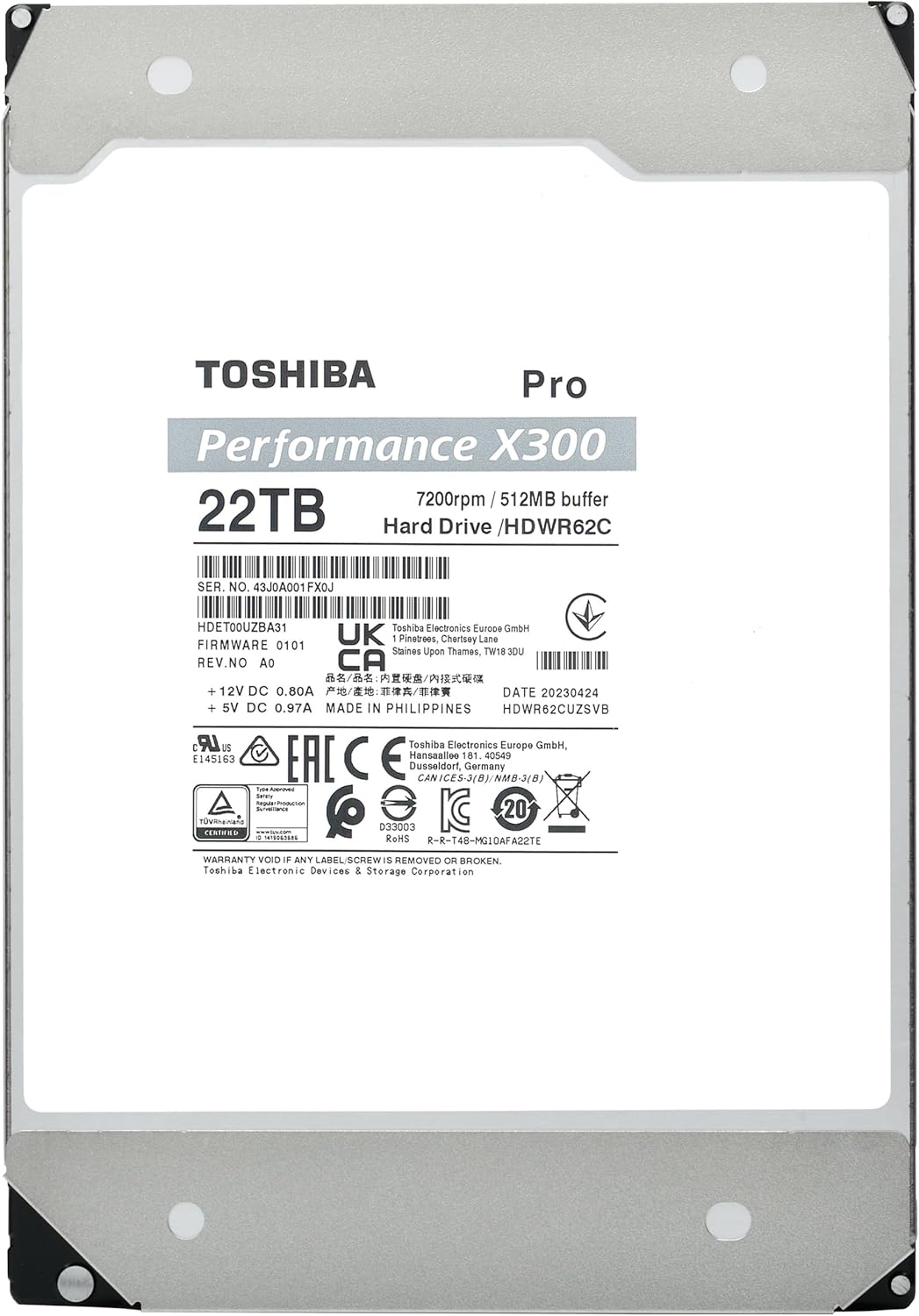 Toshiba X300 PRO 22TB High Workload Performance for Creative Professionals 3.5-Inch Internal Hard Drive – Up to 300 TB/Year Workload Rate CMR SATA 6 Gb/s 7200 RPM 512 MB Cache - HDWR62CXZSTB