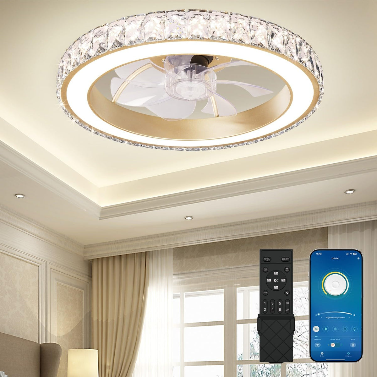 Aipsun Low Profile Modern Crystal Chandelier Ceiling Fans with Lights and Remote, 3000K-6500K Smart Bladeless LED Fan Light, 18