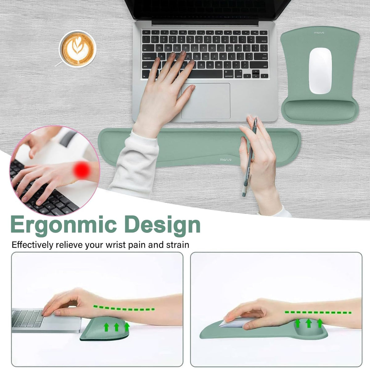 MOSISO Wrist Rest Support for Mouse Pad & Keyboard Set, Ergonomic Mousepad Non-Slip Base Home/Office Pain Relief & Easy Typing Cushion with Neoprene Cloth & Raised Memory Foam, Emerald Green