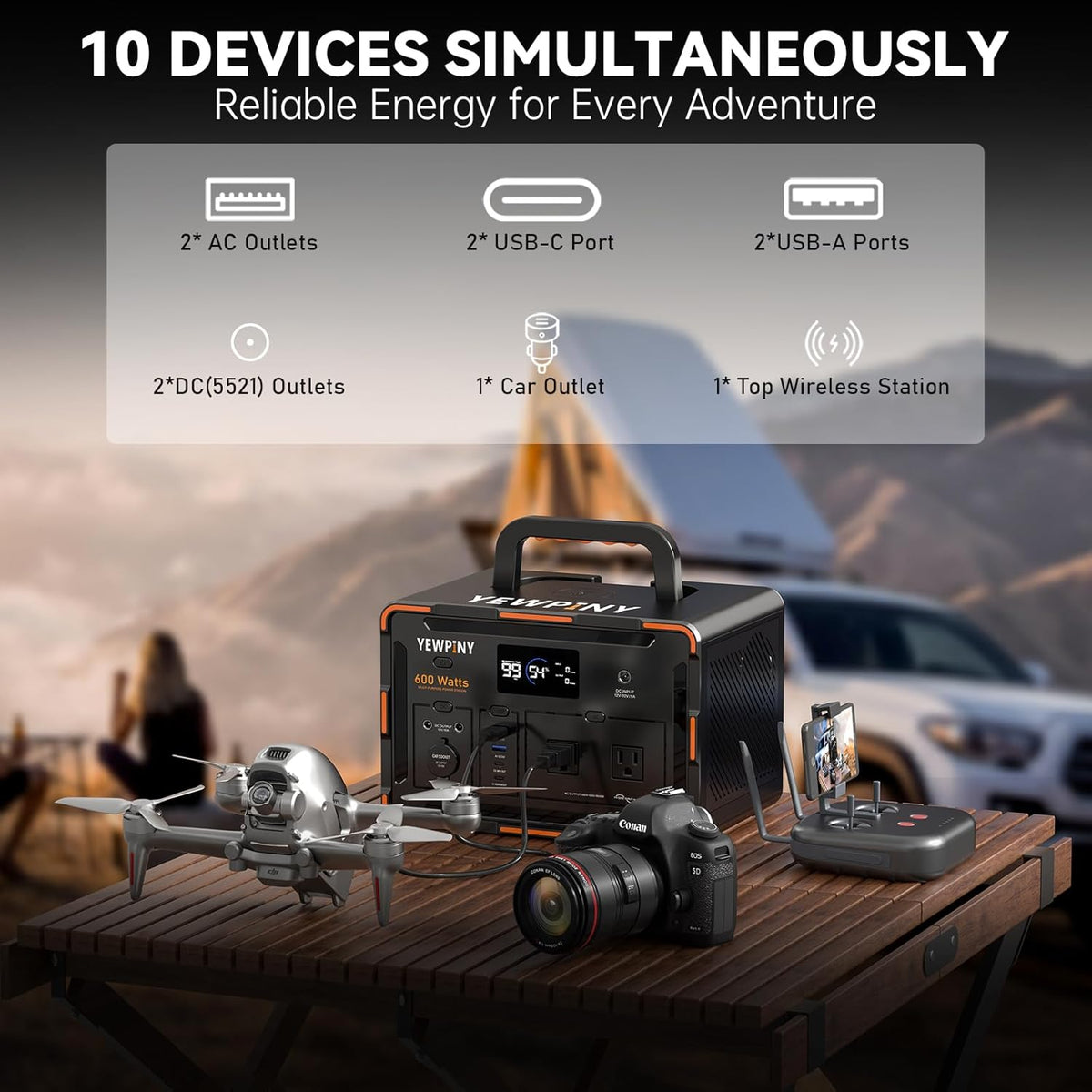 600W Solar Generator 599.4Wh Portable Power Station, 162000mAh Battery w/ PD100W & Pure Sine Wave AC, Solar Charging for Camping, RV, Home Backup (SOS Light & LCD Display)