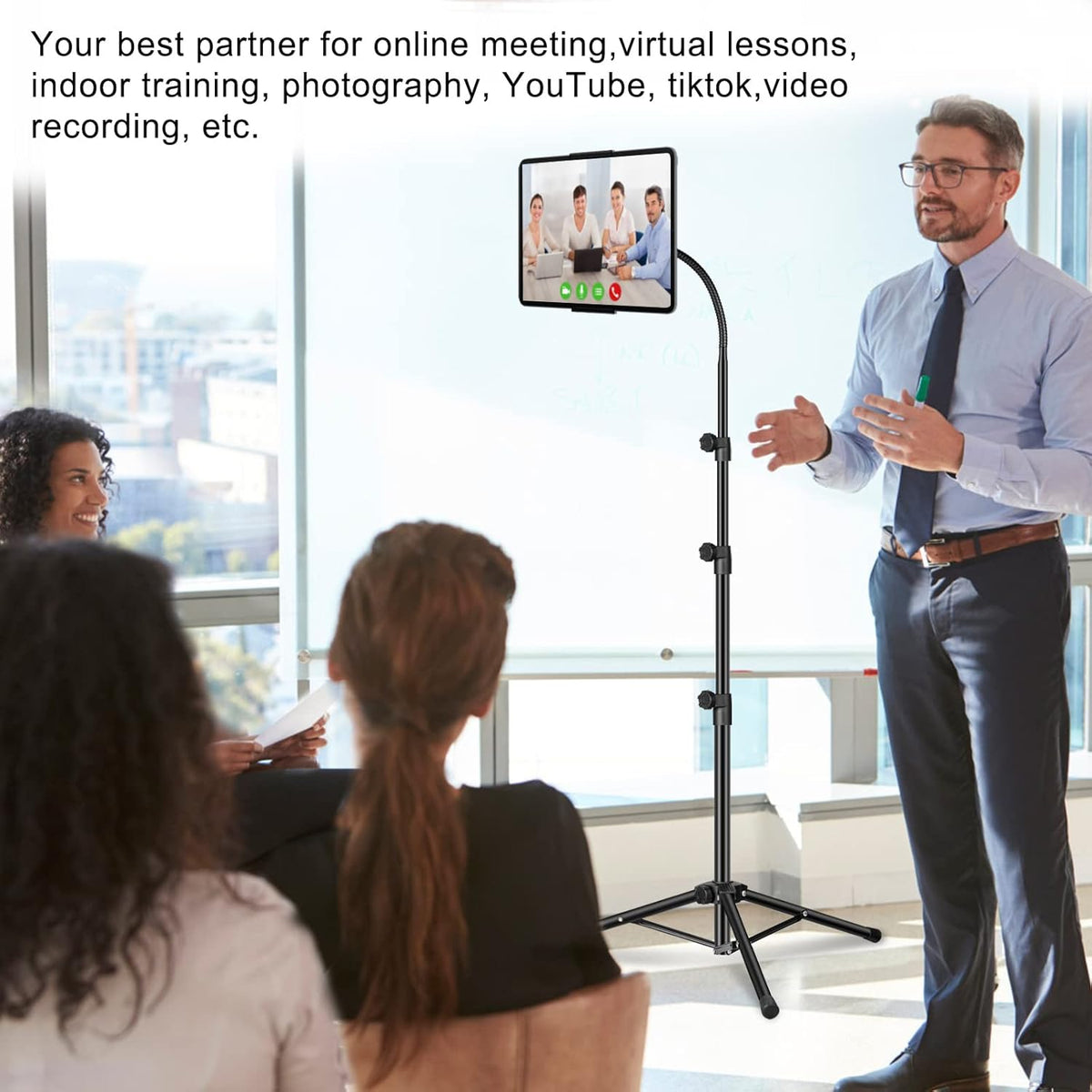 Ipad Tripod Stand, Gooseneck 65" Height Adjustable Floor Stand with 360° Rotating iPad Tripod Mount for iPhone,iPad pro,Kindle and All 4.5-12.9 Inch Tablet and Phone