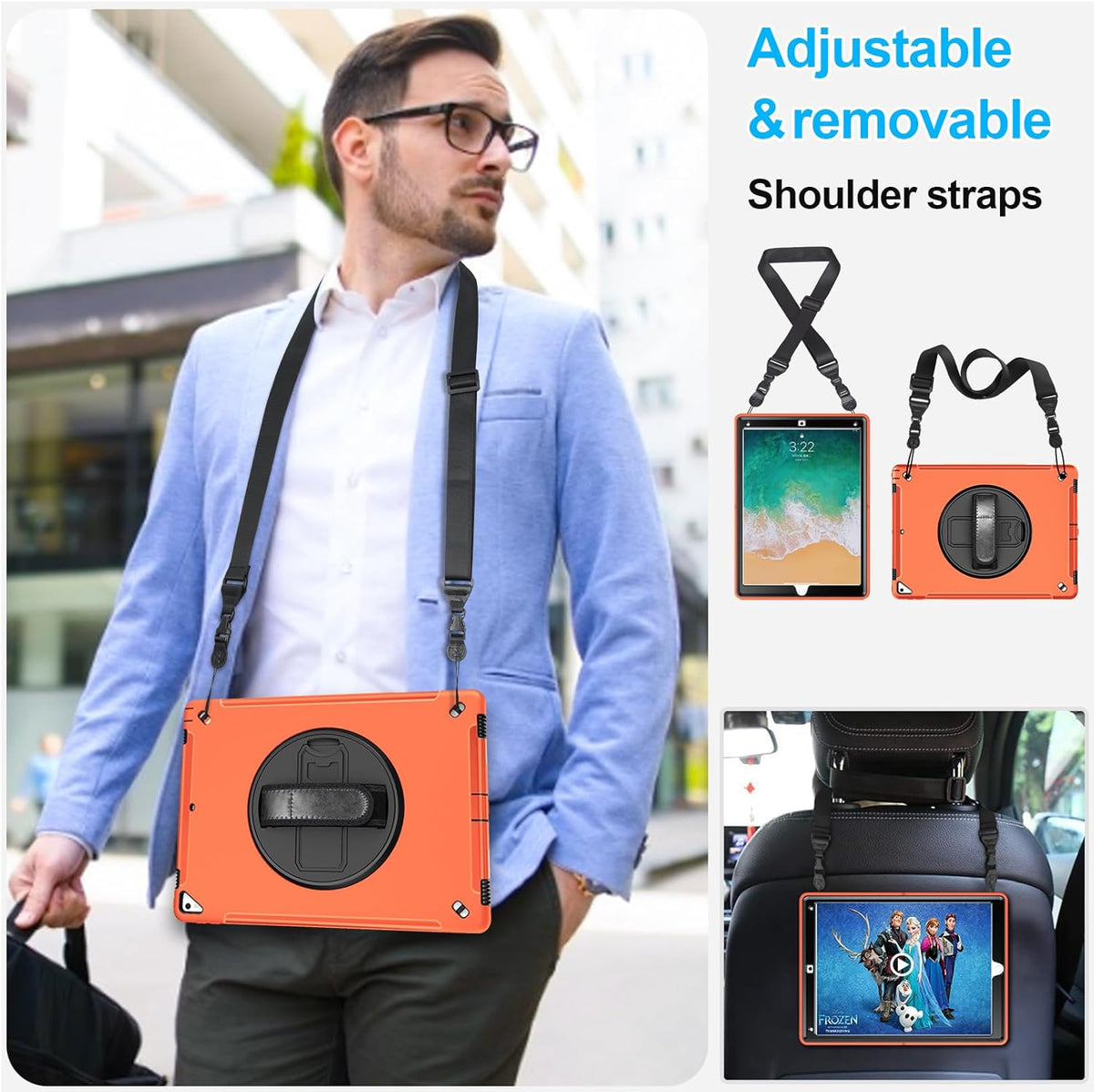Case for iPad Pro 12.9 2nd Generation 2017 & 2015 1st Generation, Heavy Duty Rugged Shockproof Protective Cover w/ 360° Rotatable Stand + Handle Hand & Shoulder Strap + Pencil Holder-Orange