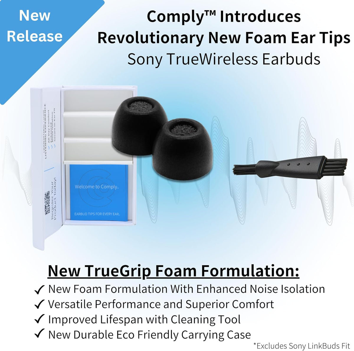 Comply TrueGrip | Premium Memory Foam Replacement Earbud Tips for Sony True Wireless Earbuds | Enhanced Comfort, Secure Fit, Superior Noise Isolation, Cleaning Tool | Black (S/M/L) (3 Pairs)