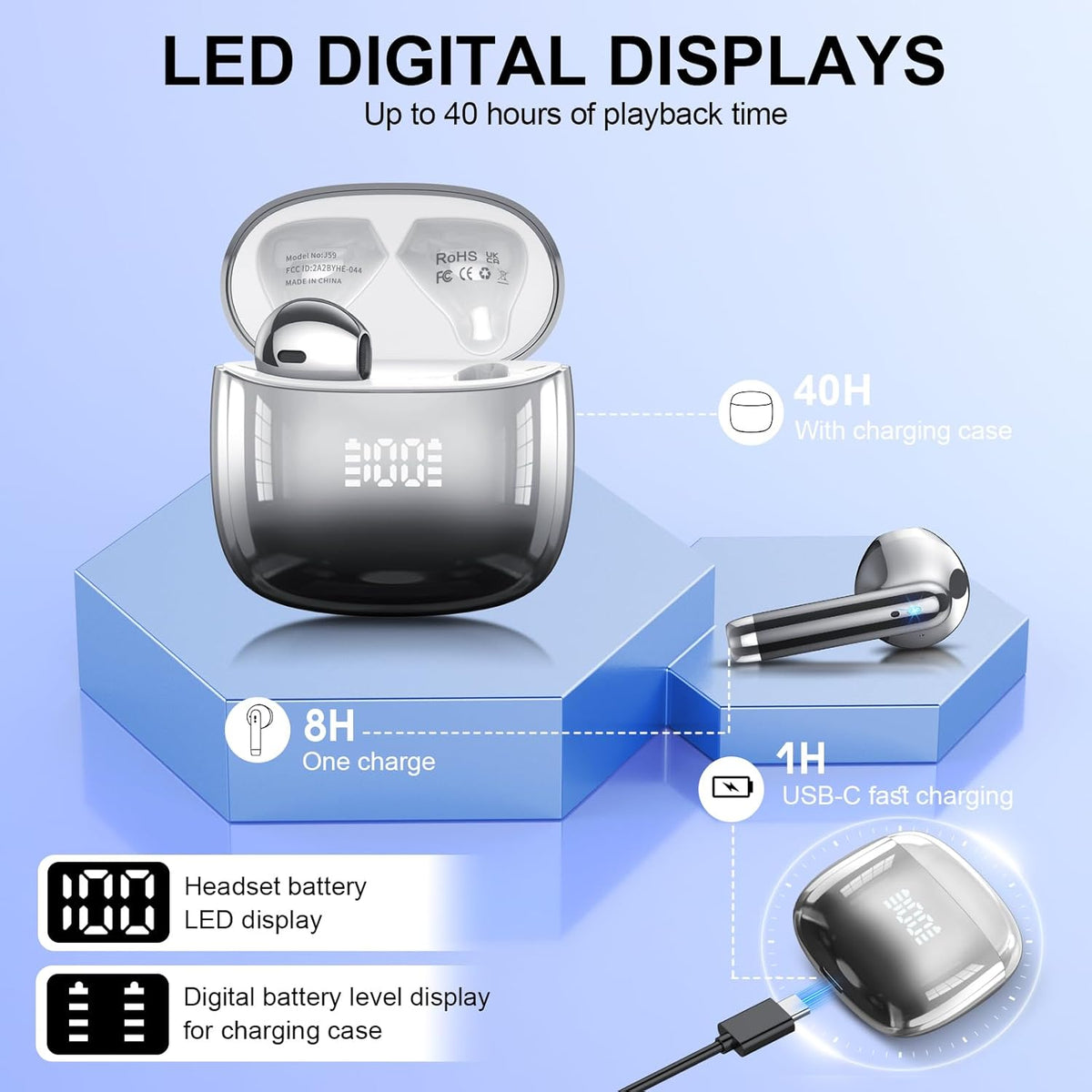 Wireless Earbuds, Bluetooth Headphones 48H Playtime Ear Buds with LED Power Display, IPX7 Waterproof Bluetooth 5.4 Earphones in-Ear Earbuds with 4 Mic for Android iOS Cell Phone Laptop, Black