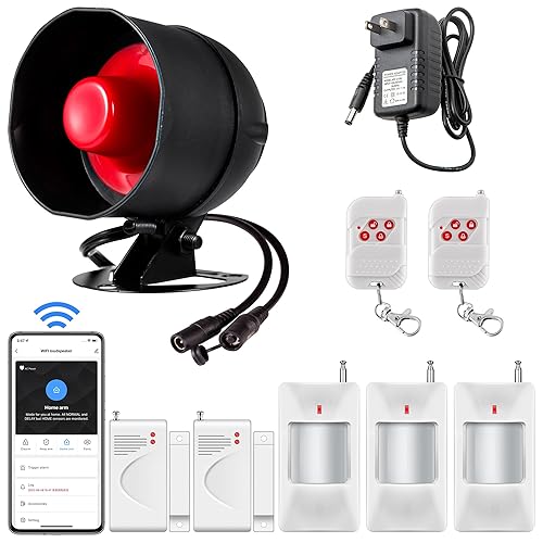 WiFi Alarm Home Security System, Wireless Alarm System with Loud 120dB Motion Sensor Siren, Window Door Alarms Sensor, Remote Control for Shed Garage