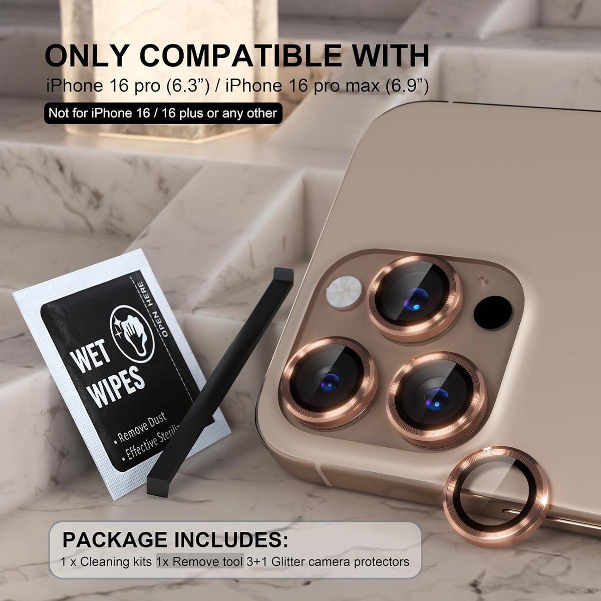 Choiche Compatible for iPhone 16 Pro/iPhone 16 Pro Max Camera Lens Protector, 9H Tempered Glass Camera Cover Screen Protector Metal Ring Decoration Accessories(Titanium Desert)
