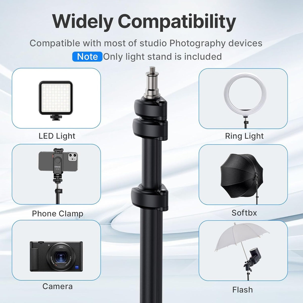 ULANZI Black Aluminum Light Stand, 6.32ft Extendable Tripod for Strobe Lights, Webcams, Cameras & Softboxes