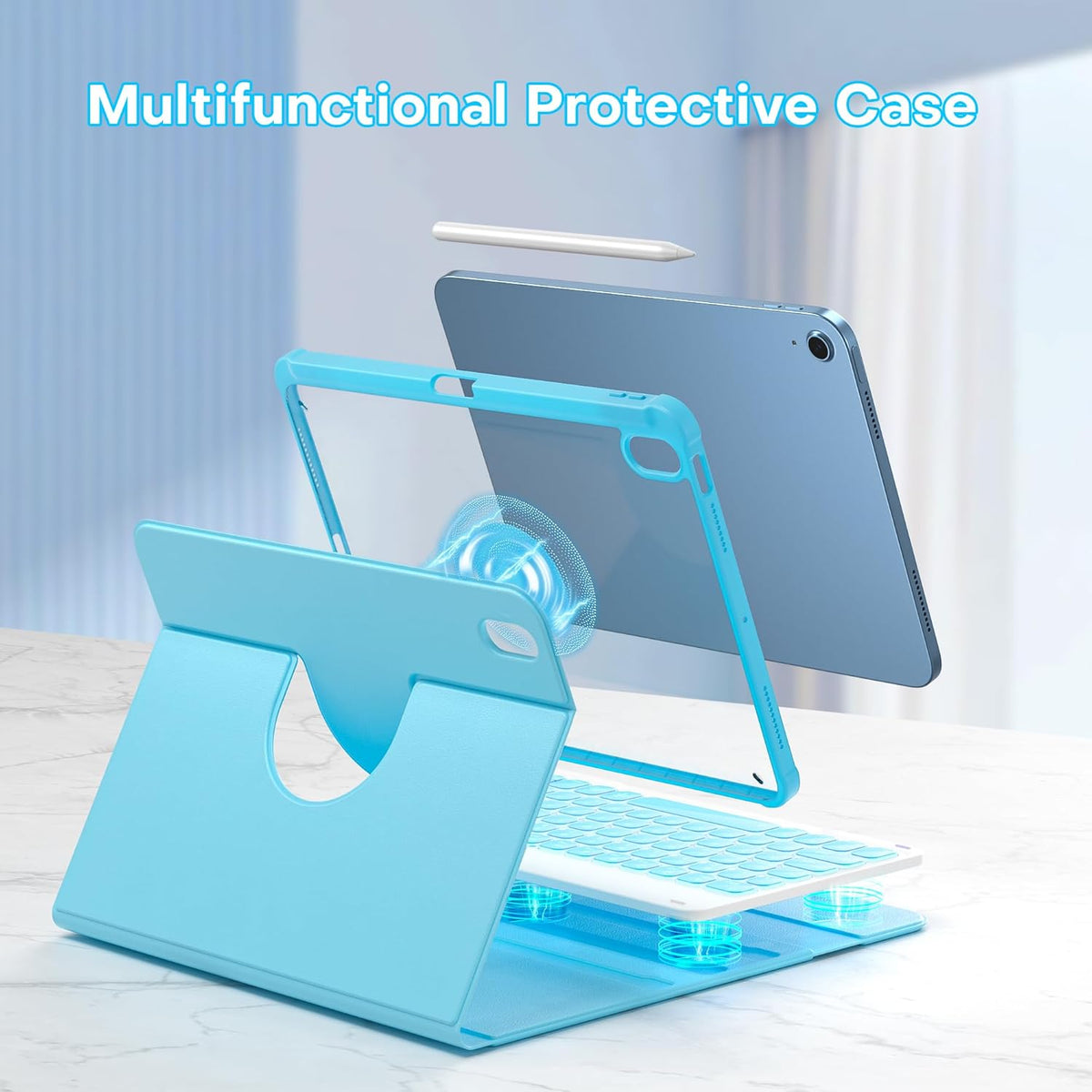 YBING Keyboard Case for iPad 10th Gen 10.9 inch(2022) & 11th Gen(A16, 2025), 360 Rotation Magnetic Cover with 7-Color Backlit Wireless Detachable Keypad with Pencil Holder for iPad 11th/10 Gen (Blue)
