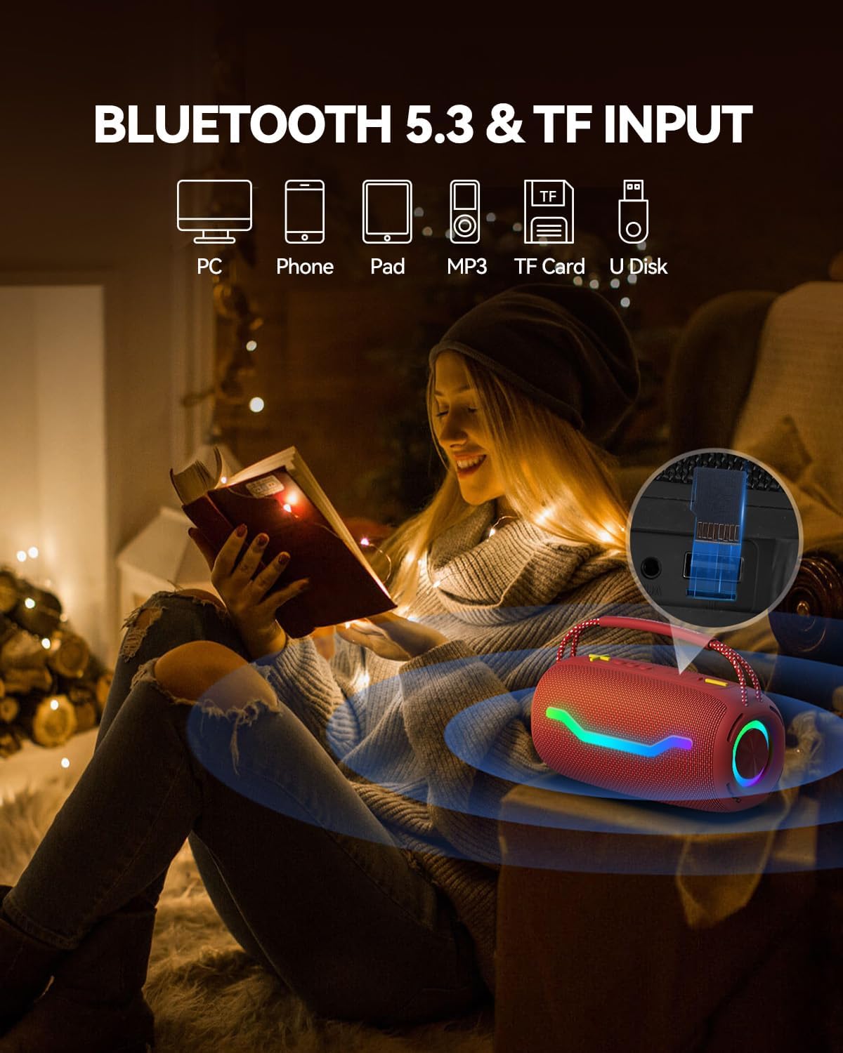 Portable Bluetooth Speaker with Light, Loud Sound and Deep Bass, IPX6 Waterproof, Up to 18H Playtime, TWS Pairing, Support Bluetooth/AUX/USB/TF Card for Home, Party, Outdoor and Travel (Red)