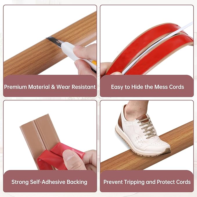 Floor Cord Cover Self Adhesive Cord Hider Floor Extension Cord Covers for Floor Power Cord Protector Cable Management Prevent Cable Trips Cable Cavity 0.32" W x 0.32" H (Light Brown Wood, 20Ft)