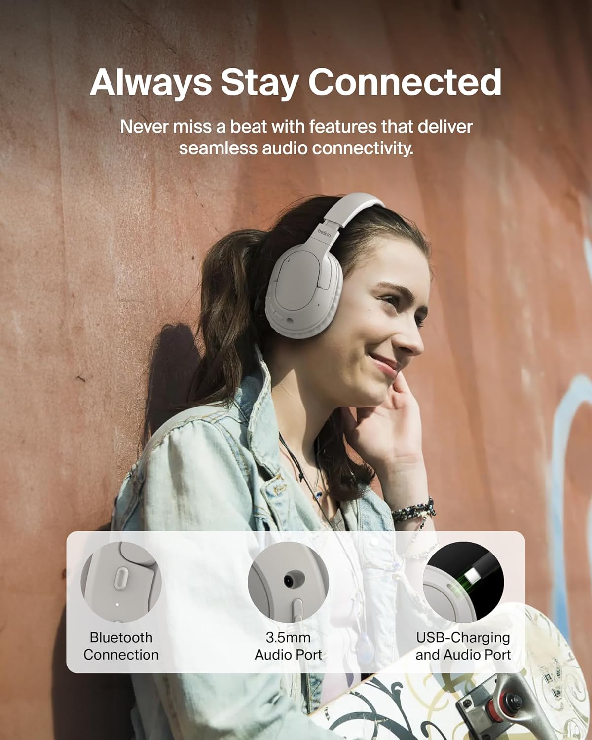 Belkin SoundForm Surround Bluetooth Over-Ear Headphones - Environmental Noise Cancelling Headphones - Wireless w/ 60H Playtime & Soft Ear Cups for iPhone, Galaxy, iPad, Travel, Home, or Office - Sand