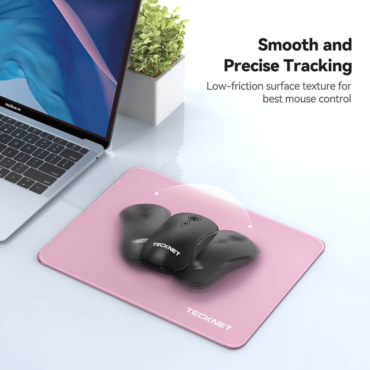 TECKNET Mouse Pad with Anti-fray Stitchin, Waterproof Surface & Non-Slip Rubber Base with Stitched Edges Gaming Mouse Mat for Laptop，Compatible with Laser and Optical Mice - Pink