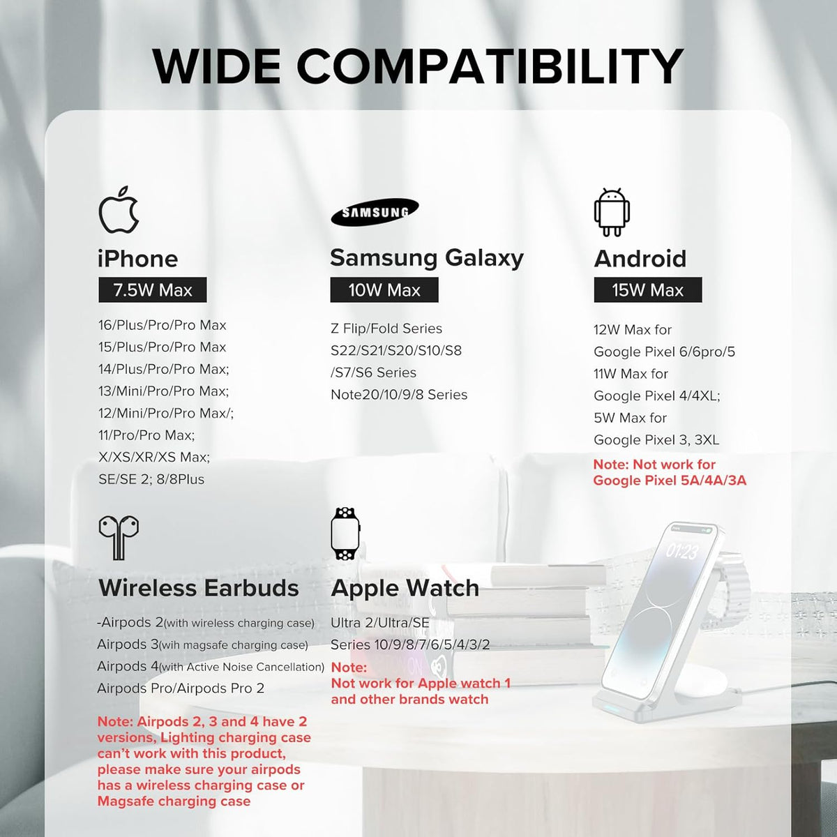 Wireless Charging Station, 3 in 1 Fast Wireless Charger Stand for Multiple Devices Apple Watch Ultra Series 10 9 8 7 6 SE 5 4 3 2, iPhone 16 15 14 13 12 11 Pro Max/Plus/Mini/X/XS/XR, Airpods Pro