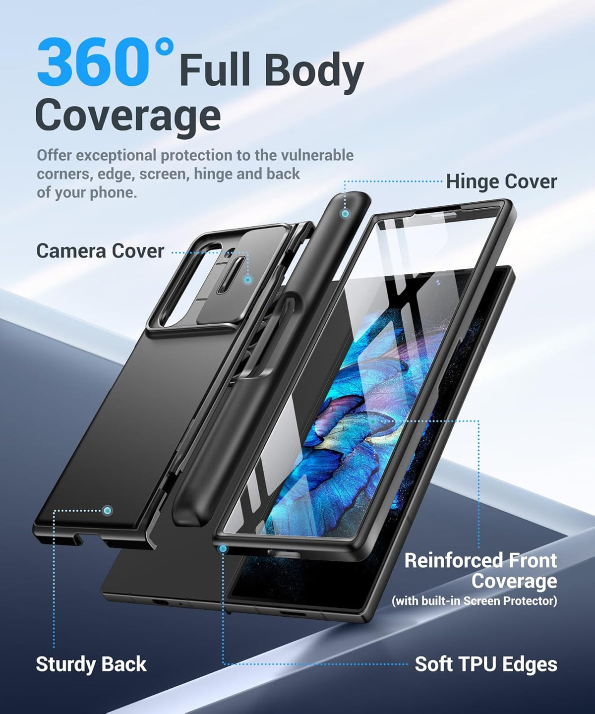 BERFY for Z Fold 7 Case with 9H Tempered Screen Protector, Military Grade Hidden Kickstand & Slide Camera Cover, Full Body Shockproof Slim Hard Phone Case for Samsung Galaxy Z Fold 7, Black